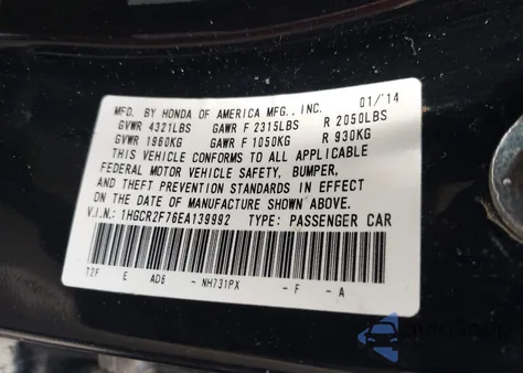 2014 Honda Accord Ex z USA, uszkodzony, nr VIN 1HGCR2F76EA139992